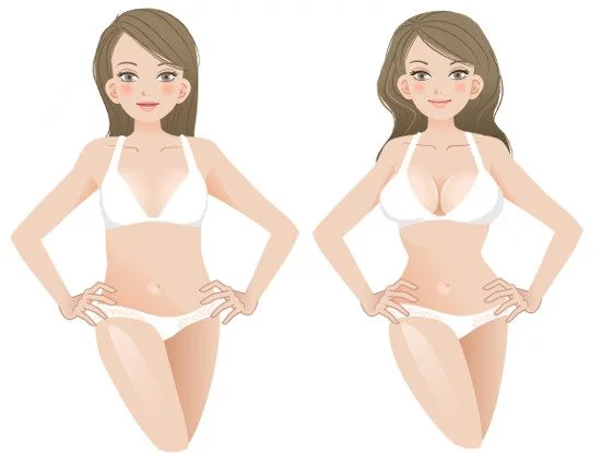 Beautiful woman before and after cosmetic surgery in white lingerie